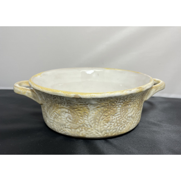 Terra Cotta Studio Stamped Pattern Pottery Baking Dish Unmarked Yellow Ivory - Picture 1 of 11